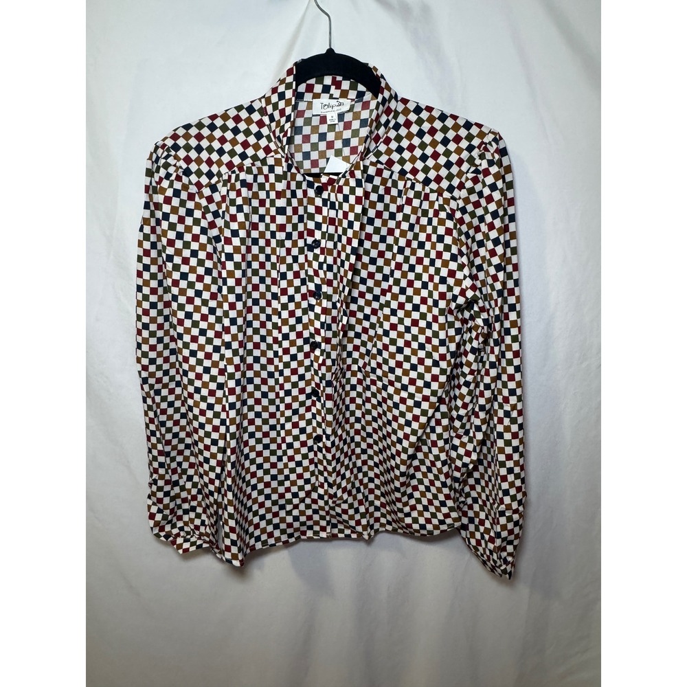 Multicolor Checkered Bow Tie Neck Blouse M Retro Academia Tulip B NWT